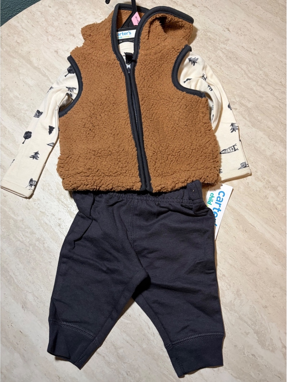 Carters 3-Piece Boyswear Set - Brown Sherpa Vest, Printed Bodysuit, and Black Pj